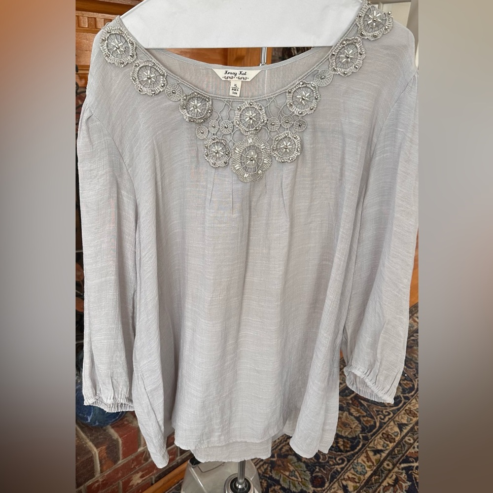 Krazy Kat Light Gray Crochet-Neck Women's Top, size XL,